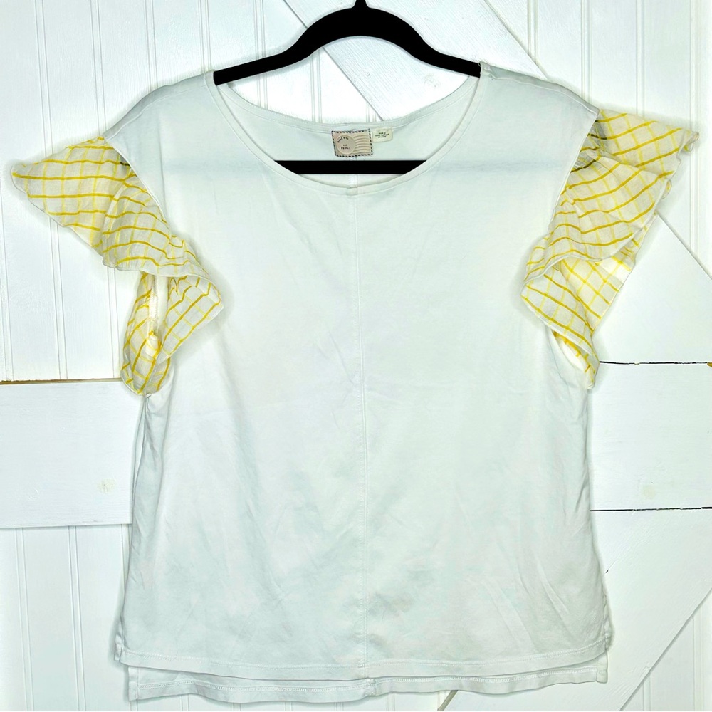 Anthropologie Postage Stamp 9–H15 ST White and Yellow Ruffle Sleeve Top Size XS‎